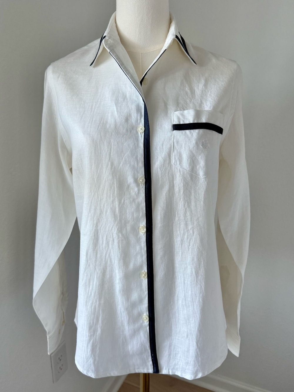 Lauren Ralph Lauren 100% Linen Ivory Button-Up Shirt Contrasting Navy Trim Sz PS